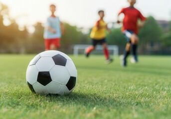 Obraz premium Soccer ball lying on grass field with young asian players running in the background during a sunny day