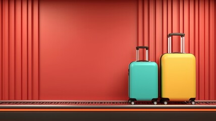 handling on conveyor belt airport and baggage. A vintage orange suitcase rests on a conveyor belt, showcasing a blend of metal and leather textures in a dimly lit environment.