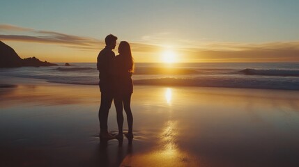 Fototapeta premium Silhouette of a Couple Embracing at Sunset on the Beach