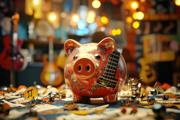 Music-Themed Piggy Bank for Saving on Lessons and Instruments - Creative Financial Planning Concept