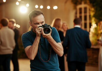 Middle-aged male photographer taking pictures at a social gathering, capturing memories under warm event lighting
