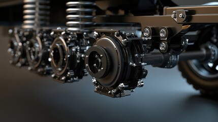 Truck undercarriage close-up with detailed view of chassis and suspension components, realistic design