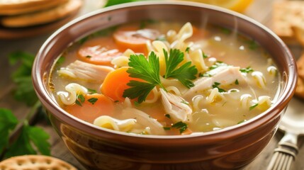A hearty bowl of chicken noodle soup garnished with fresh parsley, Soup served in a ceramic bowl