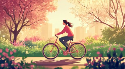 Obraz premium Woman Cycling Through a Spring Park - Cityscape in the Background