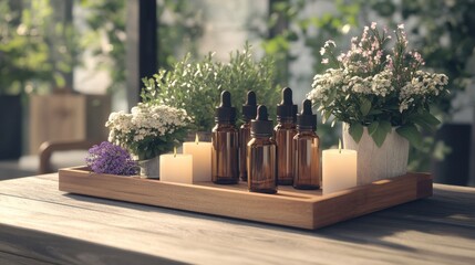 Fototapeta premium Serene Display of Herbal Oils and Candles on a Table