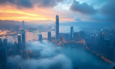 Obraz premium Chicago highrise Skyscraper buildings poking out from above the clouds on a fog foggy day, skyline cityscape 