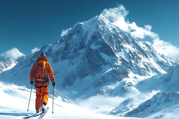 Climber reaches the summit of mountain peak. Climbing and mountaineering sport concept
