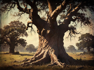 Yggdrasil, der Baum des Lebens, steht majest&auml;tisch in einer weiten, ruhigen Landschaft unter einem klaren Himmel