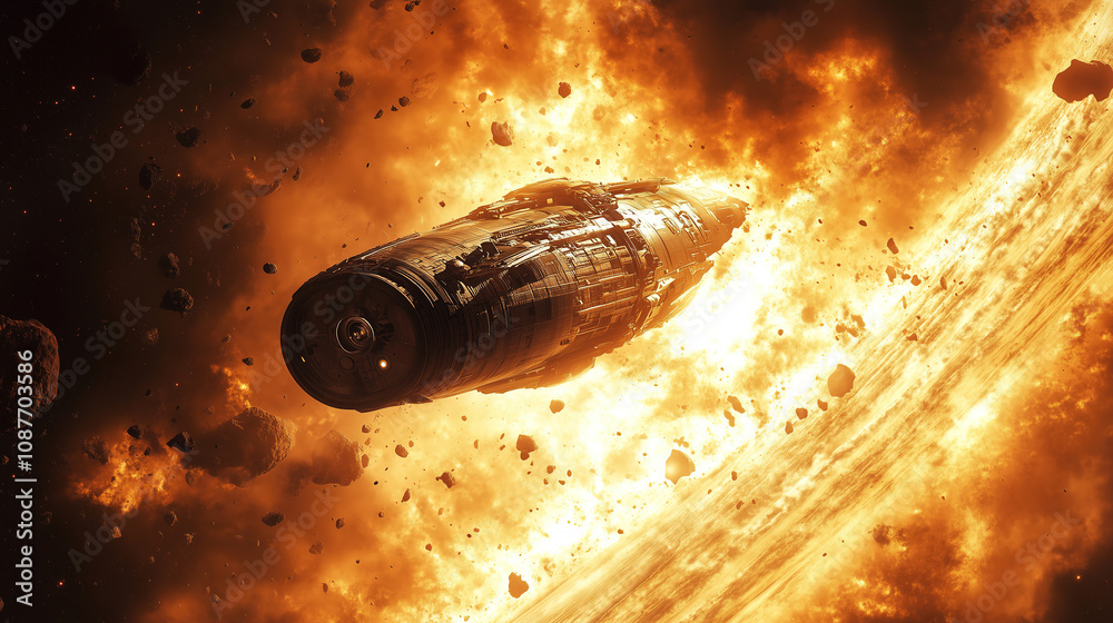 Aufkleber Spaceship encounters cosmic explosion near asteroid belt in deep space at the edge of a distant galaxy. Generative AI