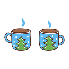 Two cute blue mugs with Christmas tree and snowflakes print. Hot drinks, tea, cocoa or coffee. Steam comes out of the cups. Hot chocolate, winter season. Doodle vector isolated illustration hand drawn
