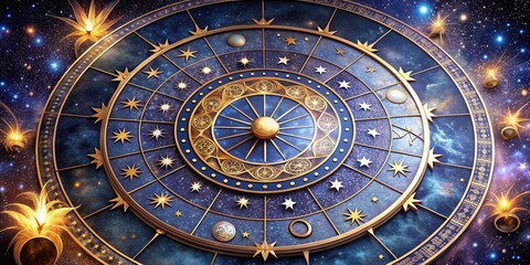 Obraz premium Celestial Orrery Gold, Blue, Zodiac, Cosmos, Digital Art, Astrology Astrology, Orrery