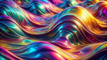 Obraz premium Abstract Iridescent Wave Composition 3D Render, Colorful Liquid Metal Texture, Digital Art, Rainbow Hues Digital art, 3D rendering