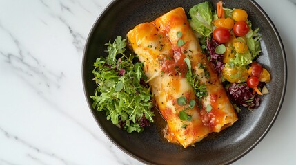 A beautifully plated cannelloni dish with a side of fresh salad, isolated on a white marble surface