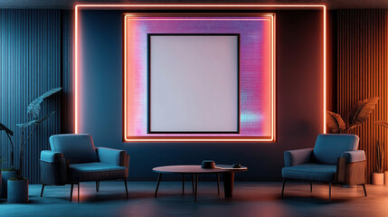 Modern interior design featuring two armchairs, a round coffee table, and pink neon lights surrounding a large blank picture frame on a dark blue wall with potted plants.