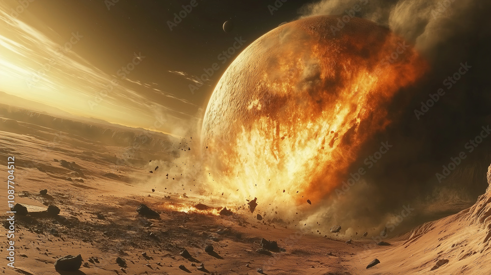 Poster a massive explosion occurs on a distant planet during sunset, illuminating the surrounding landscape