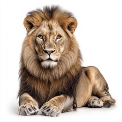 Majestic lion resting, showcasing its beautiful mane, white isolated background.