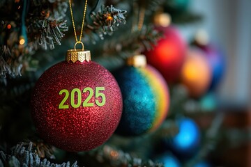 Holiday Party Ideas. Christmas ornament 2025 hanging on pine tree branch with colorful blurred lights background for holiday decorations, New Year celebration, festive winter mood, seasonal party, ho