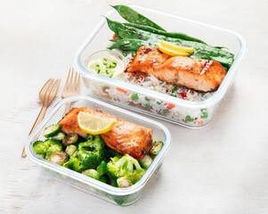 Different delicious meals in containers. Healthy diet.