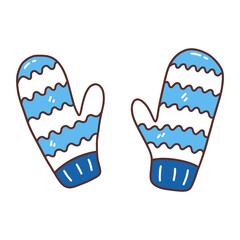 Cute knitted warm mittens blue and white color. Winter accessory for hands. Colorful vector isolated illustration hand drawn doodle clip art. Winter vibe, Christmas and New Year time