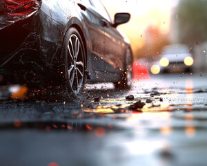 Car narrowly avoids accident on wet road, splashing water
