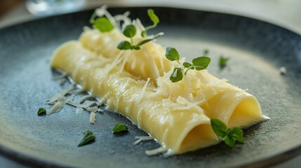 A serving of cannelloni on a plate with decorative Parmesan shavings and fresh oregano