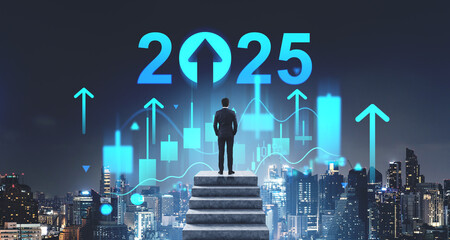 Businessman standing on steps looking at upward arrows and the y