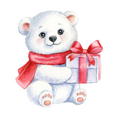 Polar bear cub with a gift in his paws. Christmas animals isolated on white background. Watercolor illustration