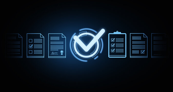 Glowing checkmark and documents on dark background. Concept of approval and validation. 3D Rendering