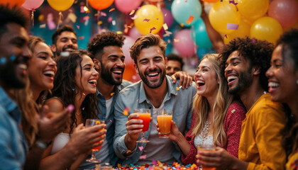 A vibrant party with friends celebrating with confetti and balloons, focused on joy and drinks.






