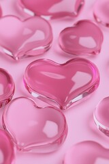 Pink glass hearts on a white background, a Valentine's Day theme with a pink color scheme, celebration and romantic concept, valentine`s day, copy space for text	
