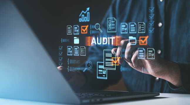 Person interacts with digital audit interface, features checklists and documents, on a tech-themed background, concept of quality assurance