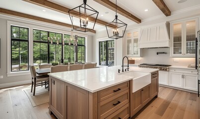 Traditional kitchen in beautiful new luxury home with hardwood floors, wood beams, and large island quartz counters. Includes farmhouse sink, elegant pendant lights, and large, Generative AI