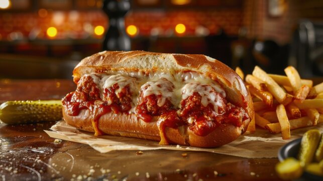 A hearty meatball sub with marinara sauce and melted cheese, served on a toasted hoagie roll
