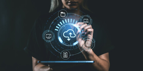 User interacting with digital interface showing cloud storage ic