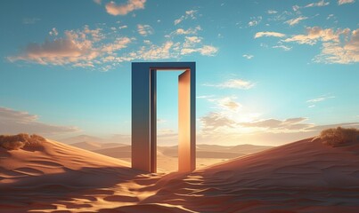 Opened door on desert. Unknown and start up concept. This is a 3d illustration, Generative AI