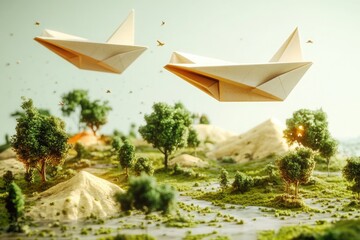 An imaginative scene with enormous paper airplanes soaring above a landscape of tiny trees and miniature hills.