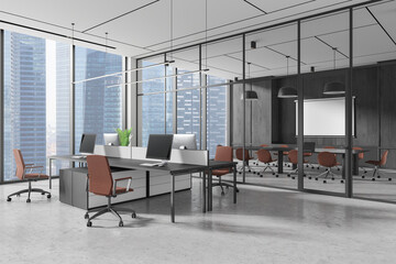 Modern office interior with workstations and conference room, large windows overlooking buildings. 3D Rendering