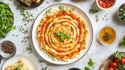 Cannelloni arranged in a spiral pattern on a plate, surrounded by artistic sauce designs and garnishes