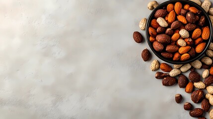 Healthy snack background with mixed nuts, perfect for stock imagery highlighting nutrition, food packaging, organic snacks, or dietary content.