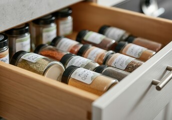 Various spice jars are neatly arranged in a kitchen drawer, showcasing an organized and efficient storage solution