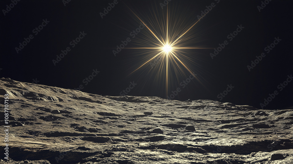 Poster stunning view of the sun shining brightly over the moon's surface during a clear lunar day in outer 