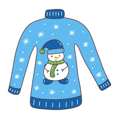 Winter cozy blue sweater with snowman and snowflakes. Seasonal warm clothes. Colorful vector isolated illustration with outline hand drawn. Season garment. Christmas and New Year time