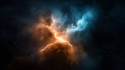 Obraz premium Dramatic interstellar nebula with contrasting orange and blue gas clouds and stars in deep space setting