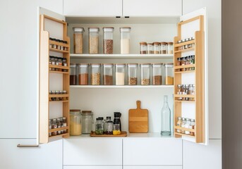 Open white kitchen cabinet revealing neatly organized rows of glass jars filled with grains, spices, and other ingredients, promoting a clean and efficient culinary space