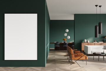 Blank poster mockup in a modern living room with green walls, stylish furniture, and a decorative setting. 3D Rendering