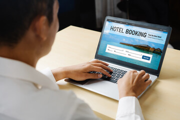 Online hotel accommodation booking website provide modish reservation system . Travel technology concept .