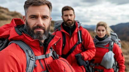 Fototapeta premium group of three hikers stands confidently in the mountainous terrain, wearing vibrant red jackets. cloudy sky creates a dramatic backdrop as they prepare for their outdoor adventure