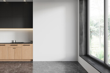 Modern Kitchen Interior with Blank Wall Space. 3D Rendering