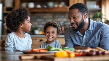 A father shares joyful moments with his two children as they engage in meal preparation together. Fresh ingredients are spread on the table, highlighting a healthy cooking experience