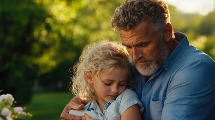 In a lush garden bathed in golden sunlight, a grandfather embraces his granddaughter, offering comfort and warmth as they share a heartfelt moment together